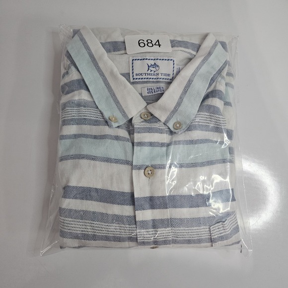 Southern‎ Tide Blue & White Striped Linen Blend Lightweight Shirt Mens Large - Picture 7 of 7